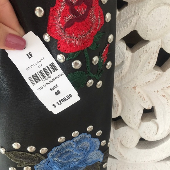 LF Carmar Black Leather Embroidered Moto Jacket - Picture 6 of 6